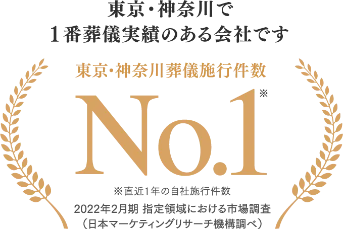 東京・神奈川で1番葬儀実績のある会社です 東京・神奈川葬儀施行件数No.12022年2月期 指定領域における市場調査（日本マーケティングリサーチ機構調べ）