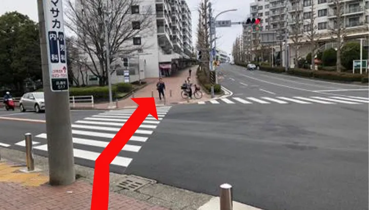 横断歩道を渡り道なりに進む