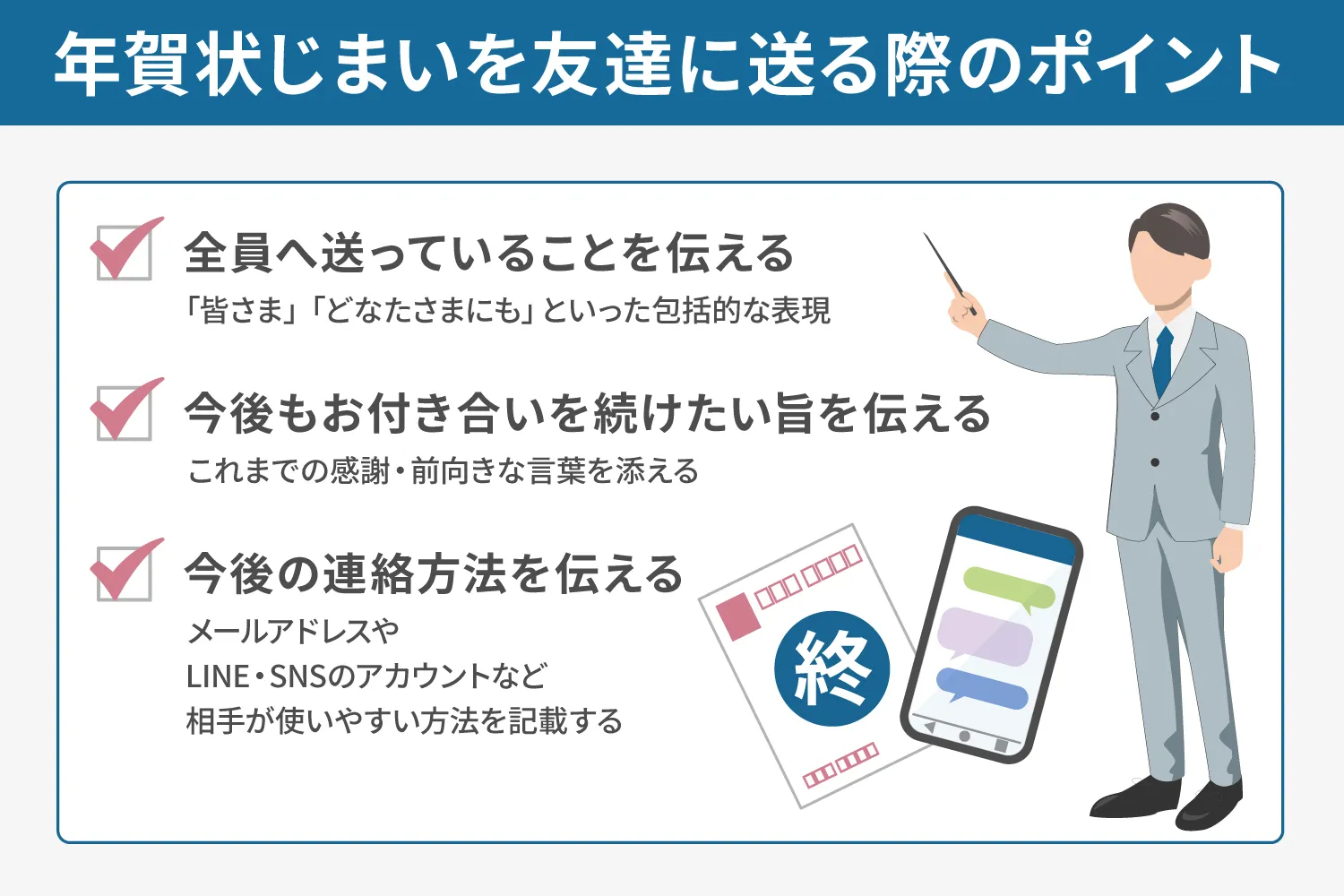 年賀状じまいを友達に送る際のポイントの説明画像