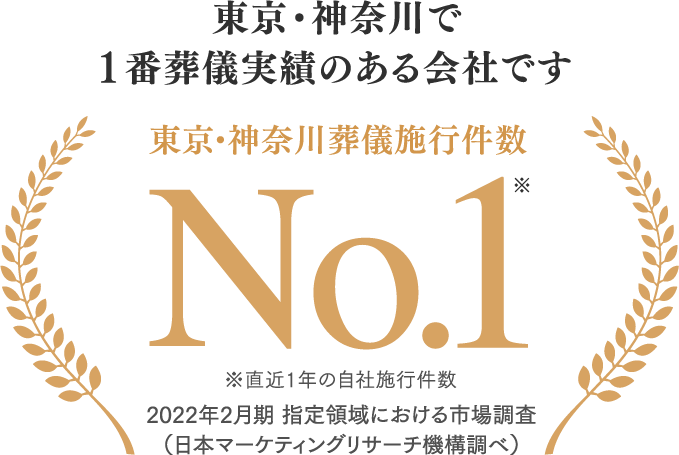 東京・神奈川で1番葬儀実績のある会社です 東京・神奈川葬儀施行件数No.12022年2月期 指定領域における市場調査(日本マーケティングリサーチ機構調べ)